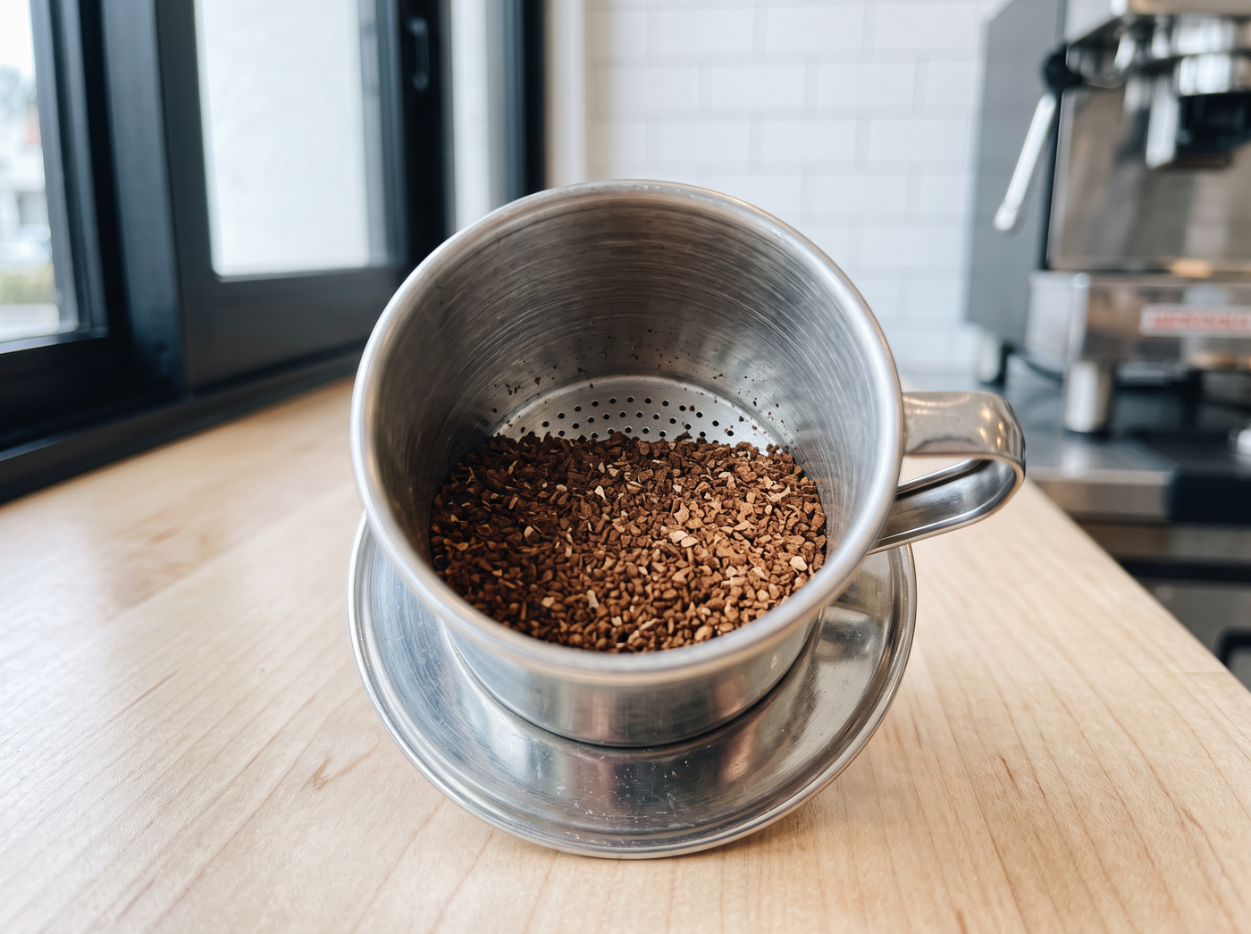 Ground coffee in a phin chamber on the counter