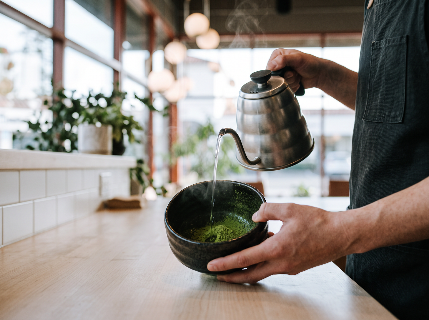 Water poured down the side of a chawan of matcha