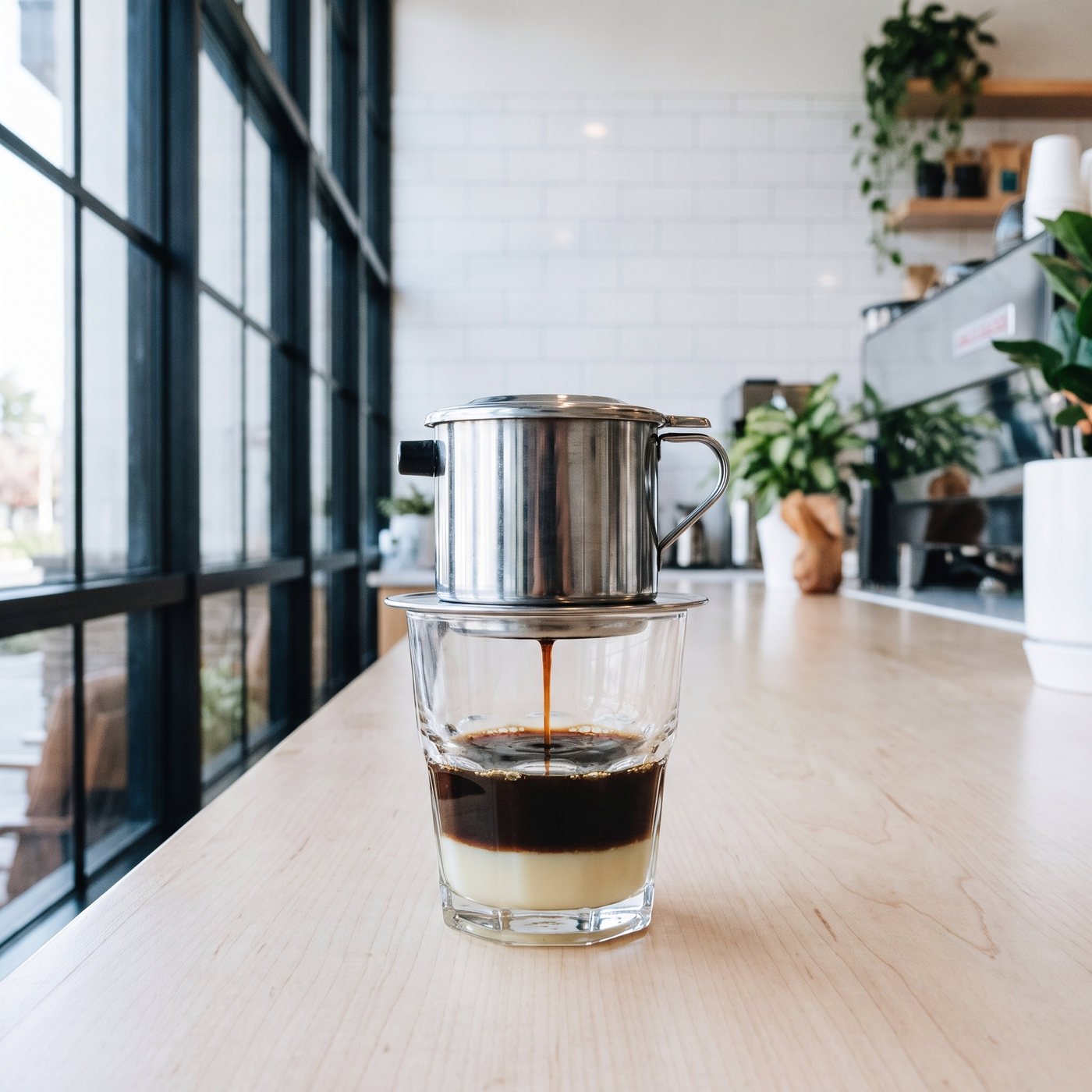 A phin dripping coffee into a glass on the counter at Phin Cafe