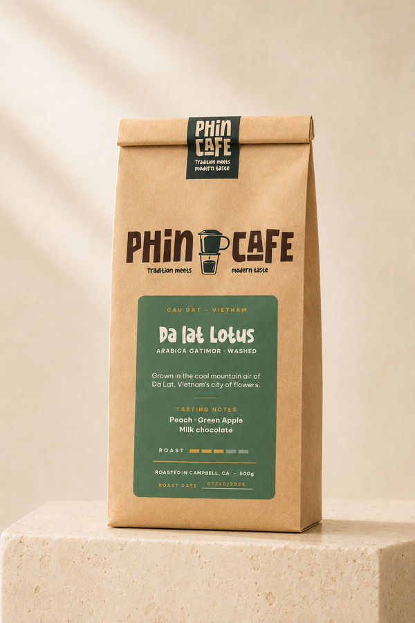 Da Lat Lotus — 500g kraft bag of Phin Cafe washed arabica coffee with a green label, on a stone plinth