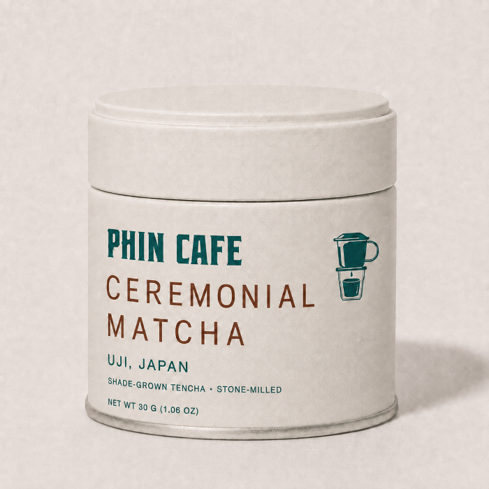 Ceremonial Matcha — 30g tin of Phin Cafe shade-grown Uji matcha, cream label with teal and brown type