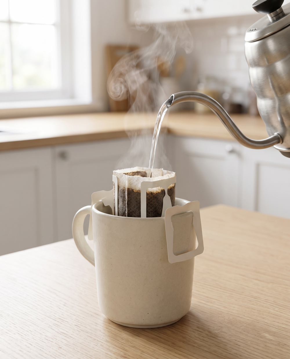 A drip coffee bag hooked over a mug with hot water being poured in