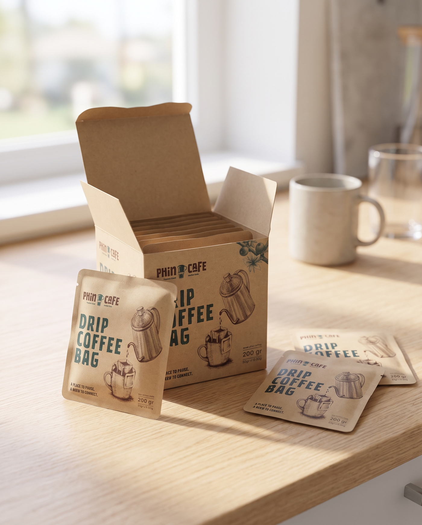 An open box of Phin Cafe drip coffee bags with sachets beside it