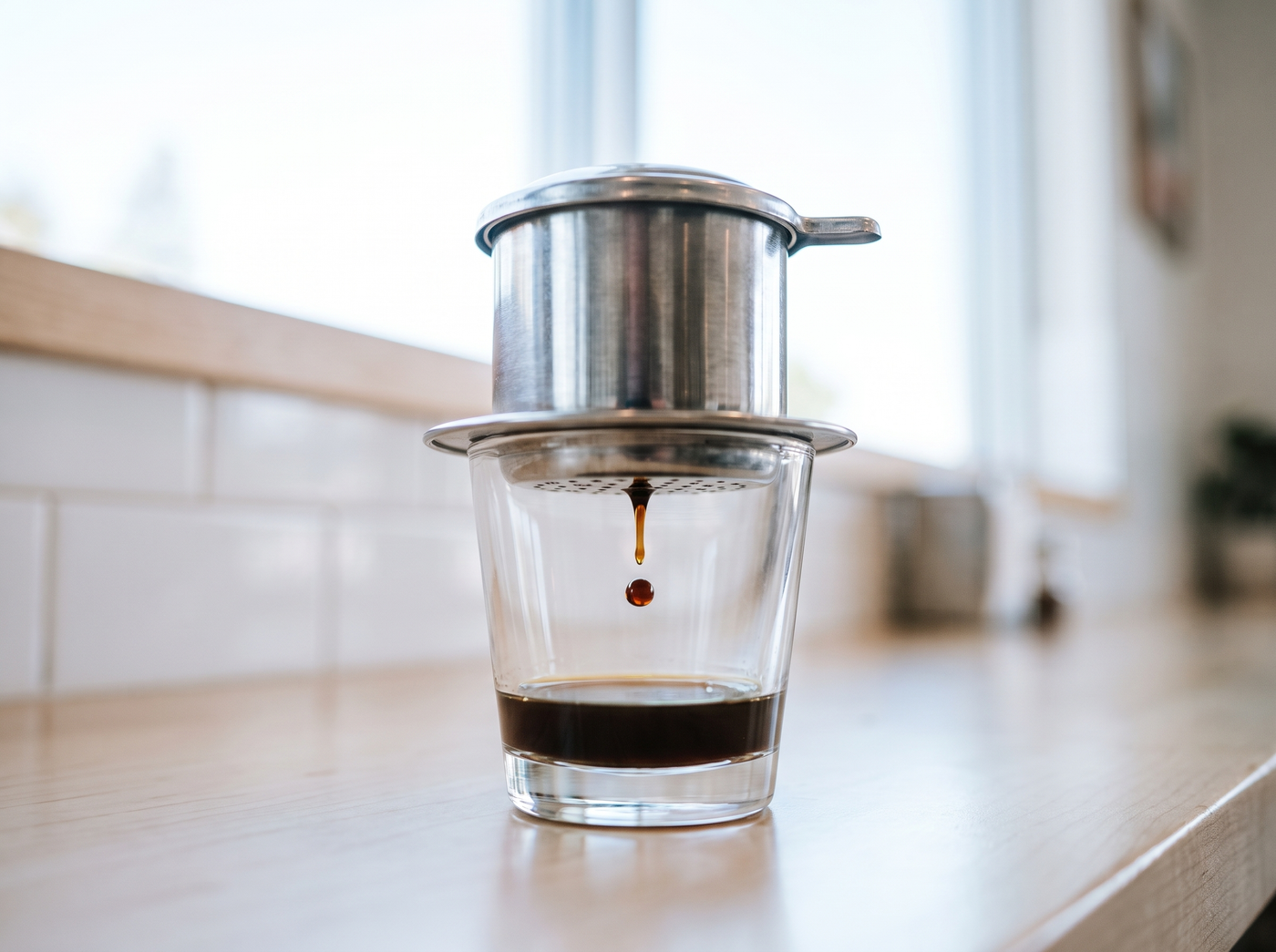 A single drop of coffee falling from a phin into the glass