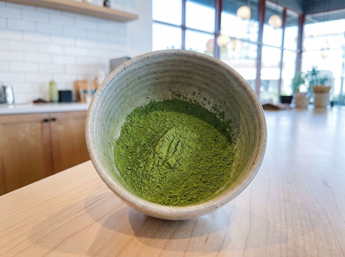 Sifted matcha in a dry bowl on the counter