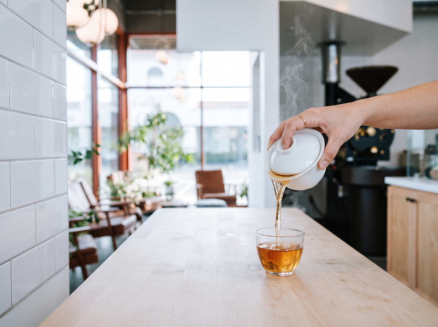 A gaiwan tilted to pour the first infusion into a cup