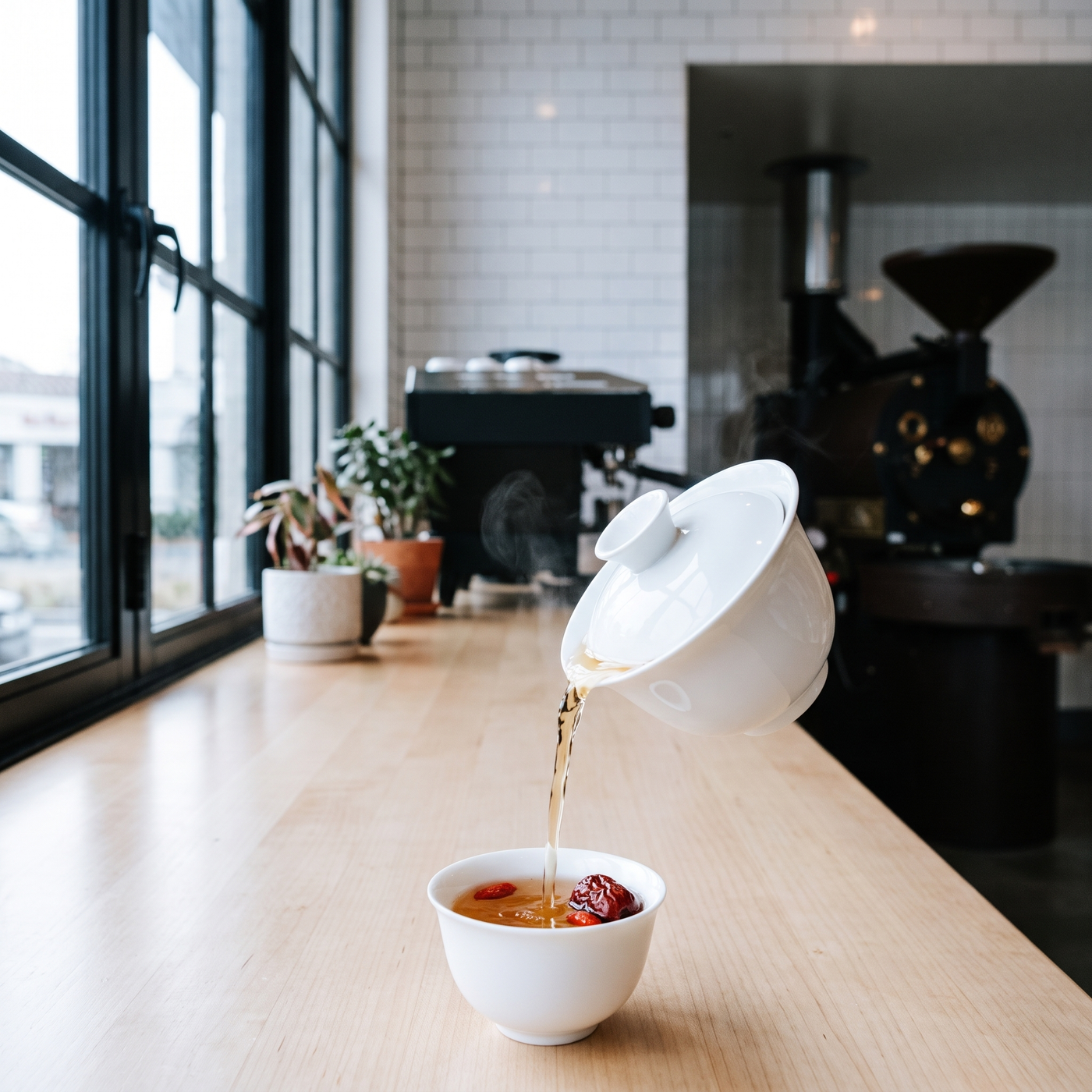 A gaiwan pouring oolong over jujube and goji at Phin Cafe