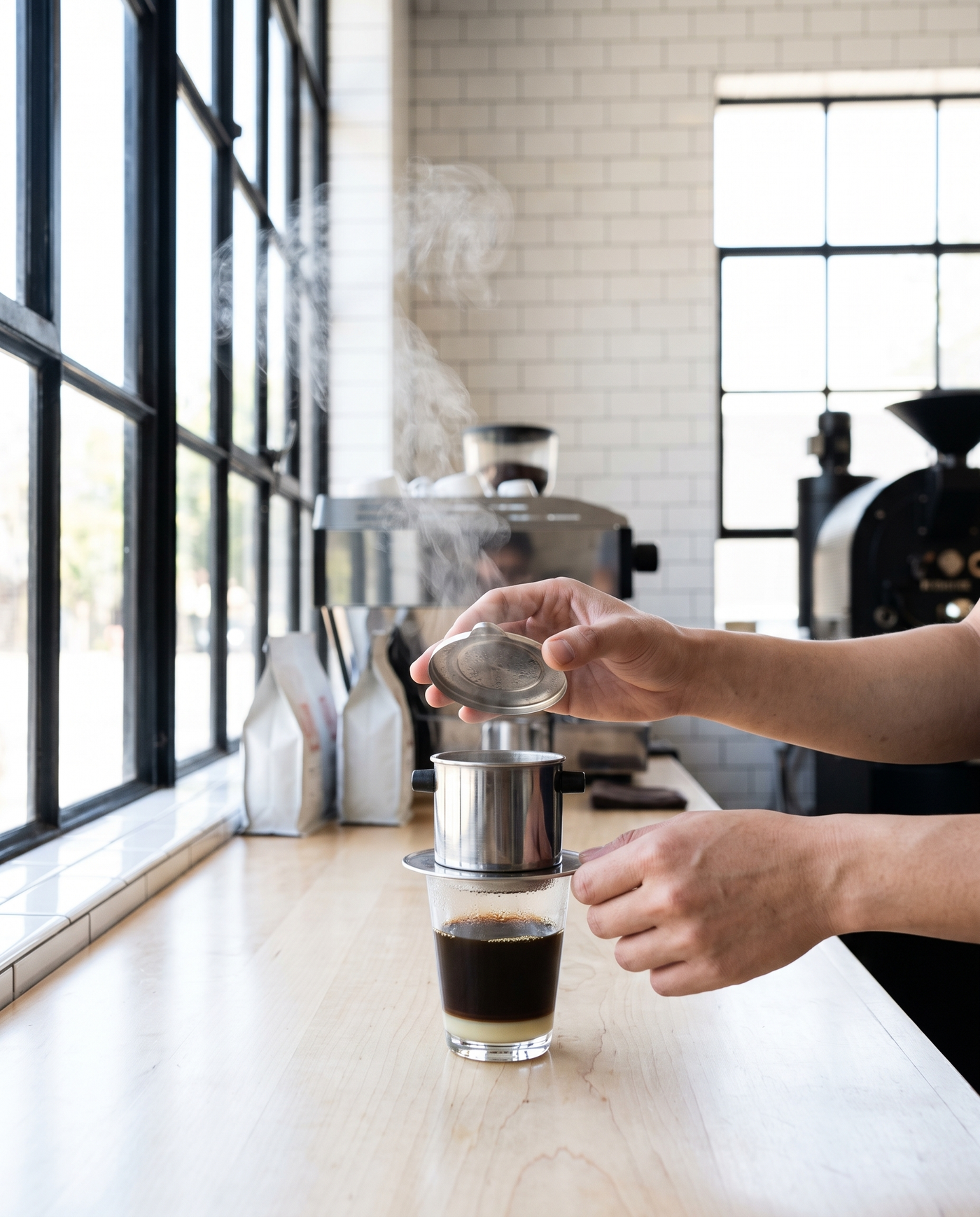 Hands lifting the lid from a phin at the counter, steam rising